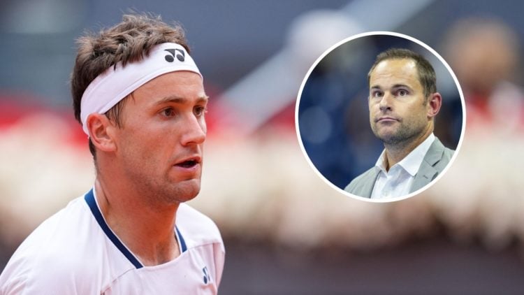 Image of Casper Ruud in action against Daniil Medvedev during their 2025 Madrid Open quarterfinal match, inset of Andy Roddick looking on during th...