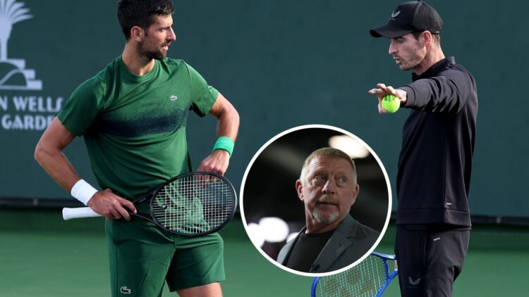 Split image of Andy Murray coaching Novak Djokovic in Indian Wells with Boris Becker as an inset