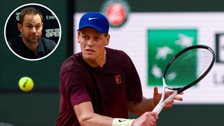 Jannik Sinner training ahead of the French Open with Andy Roddick as an inset