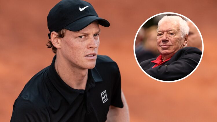 Image of Jannik Sinner looking dejected during his 2025 Italian Open final defeat to Carlos Alcaraz, inset of Nicola Pietrangeli watching on during...