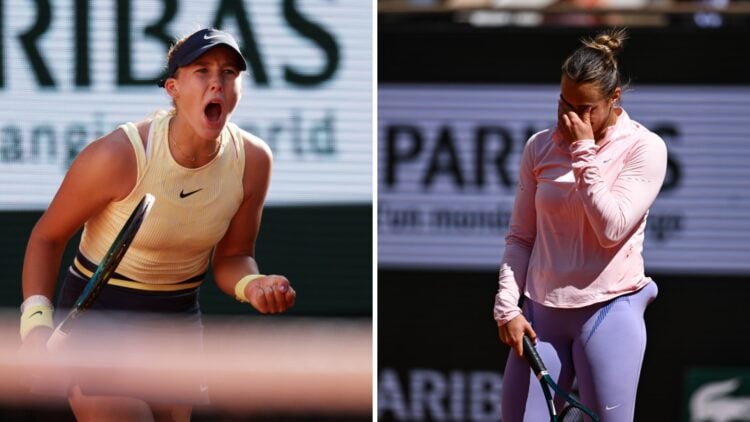 Split image of Mirra Andreeva celebrating against Aryna Sabalenka during their match at the 2024 French Open, image of Aryna Sabalenka with her hea...