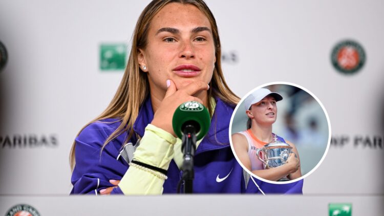 Aryna Sabalenka (L) at a press conference at Roland Garros, Iga Swiatek (R) holding the Roland Garros trophy