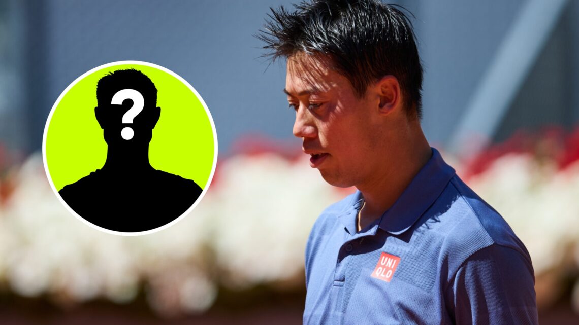 Image of Kei Nishikori looking on during his match against Aleksandar Vukic at the 2025 Madrid Open, inset of a male mystery player