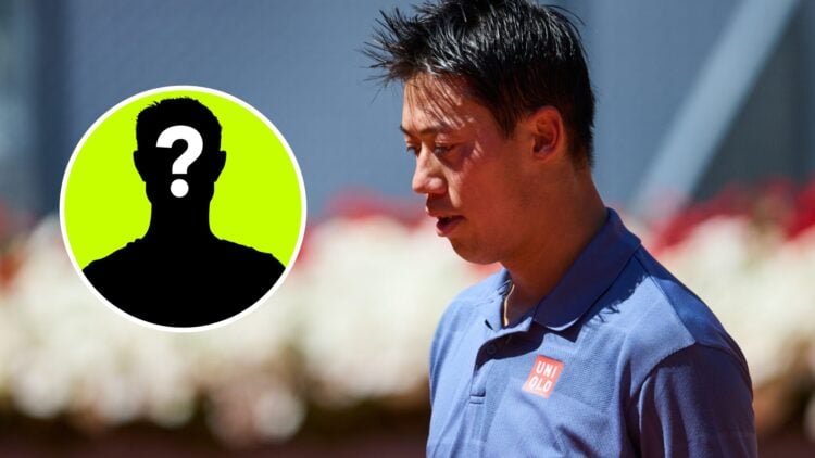 Image of Kei Nishikori looking on during his match against Aleksandar Vukic at the 2025 Madrid Open, inset of a male mystery player