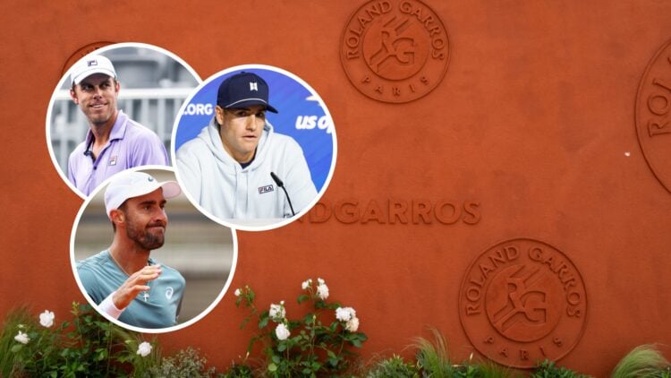 Image of French Open logos, inset of John Isner speaking at a 2023 US Open press conference, inset of Sam Querrey reacting during a match at the 20...