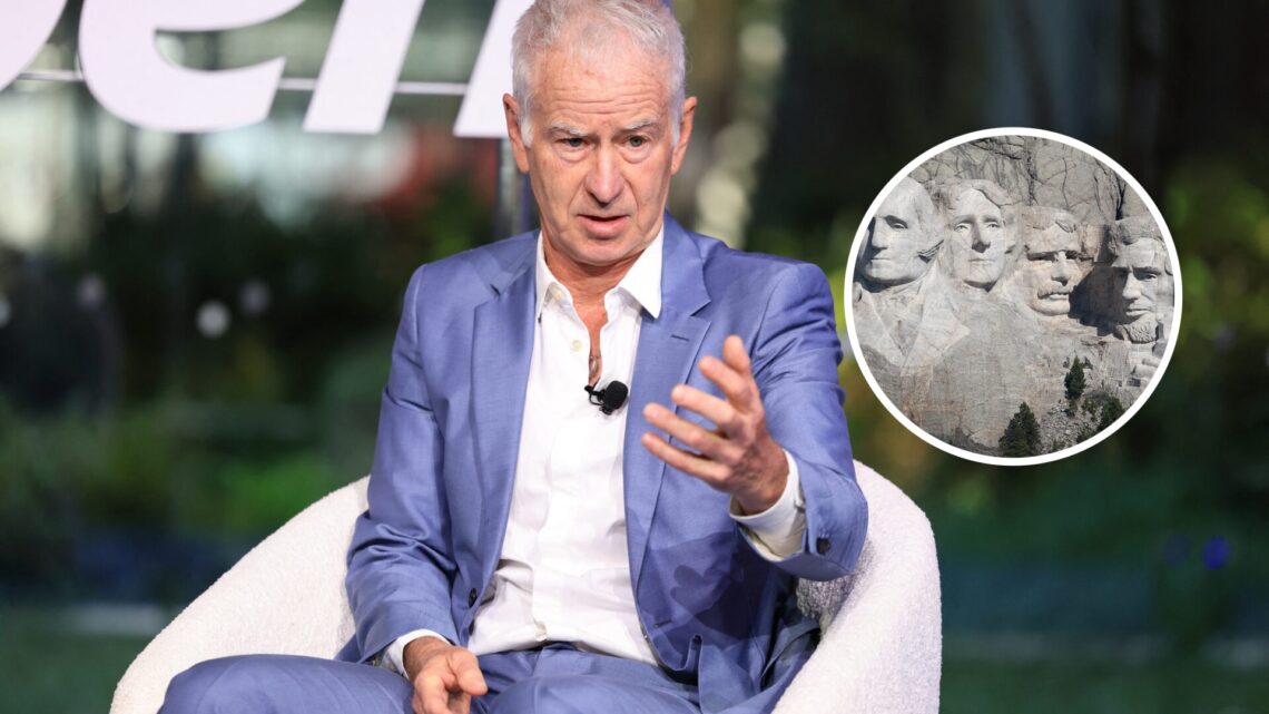 John McEnroe (L) in an interview, Mount Rushmore (R)
