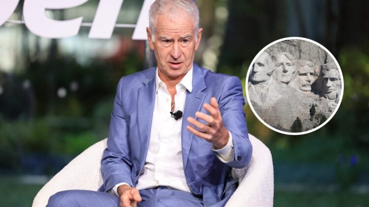 John McEnroe (L) in an interview, Mount Rushmore (R)