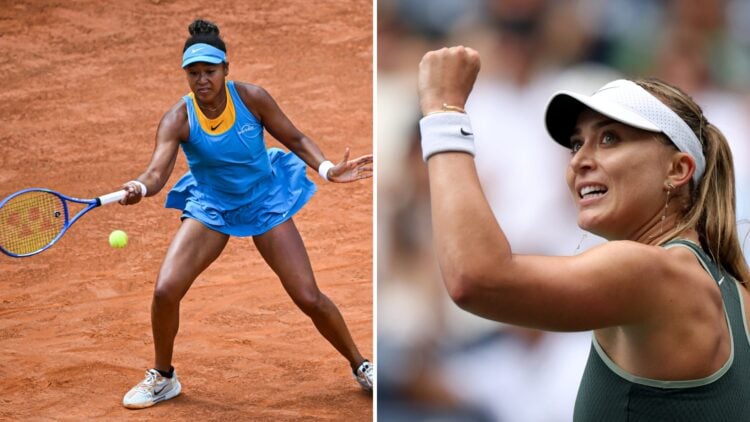 Naomi Osaka plays a shot at the 2025 Italian Open, inset Paula Badosa celebrates at the 2024 US Open