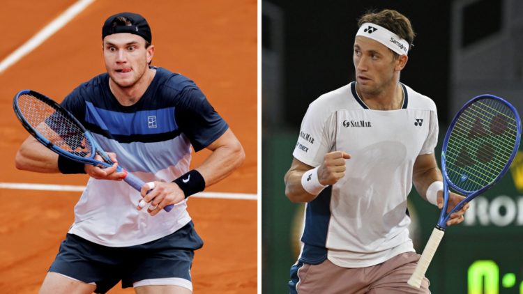 Left: Jack Draper in action during the Madrid Open. Right: Casper Ruud celebrates winning at the Madrid Open.