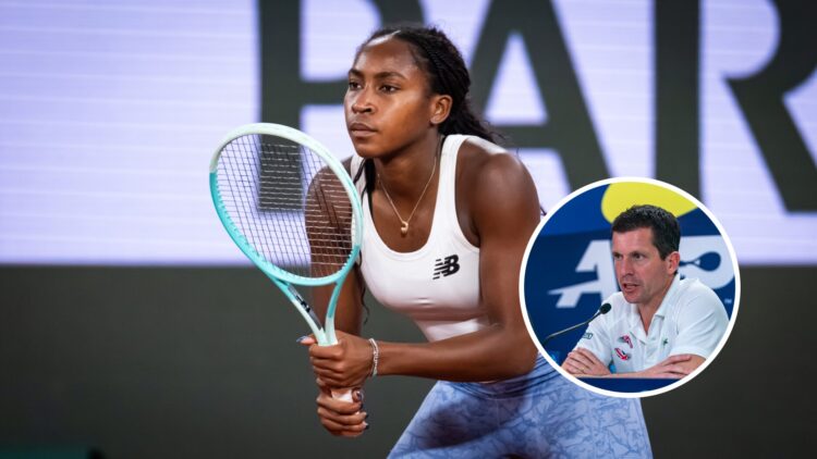 Coco Gauff (L) in training, Tim Henman (R) at a press conference