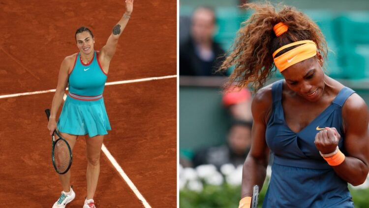 Split image of Aryna Sabalenka waves to the crowd as she celebrates her victory against Kamilla Rakhimova in the Women's Singles First Round match ...