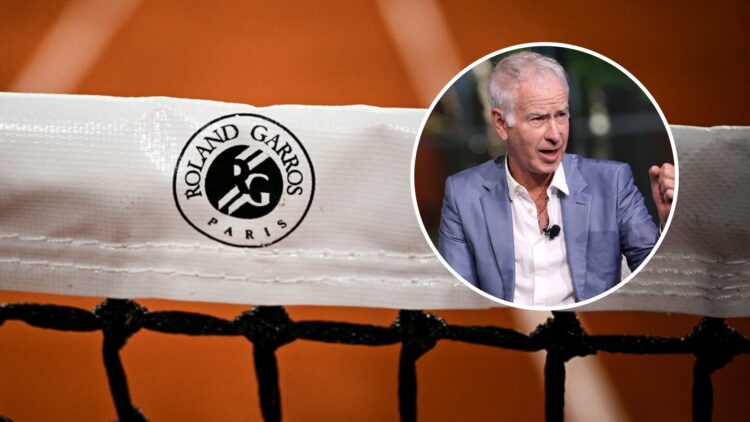 Roland Garros Paris is written on the net across Court Philippe-Chatrier ahead of the French Open 2025, inset John McEnroe speaks at the US Open Re...