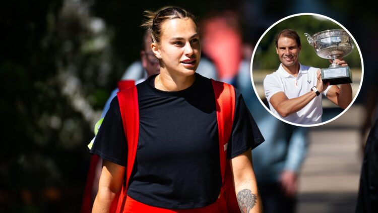 Aryna Sabalenka on her way to practice at the 2025 French Open, inset Rafael Nadal holds the French Open trophy after his win in 2022