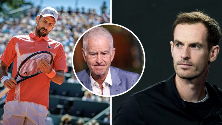 Split image of Novak Djokovic Andy Murray looks on in the Men's Singles Third Round match between Novak Djokovic of Serbia and Tomas Machac of the ...