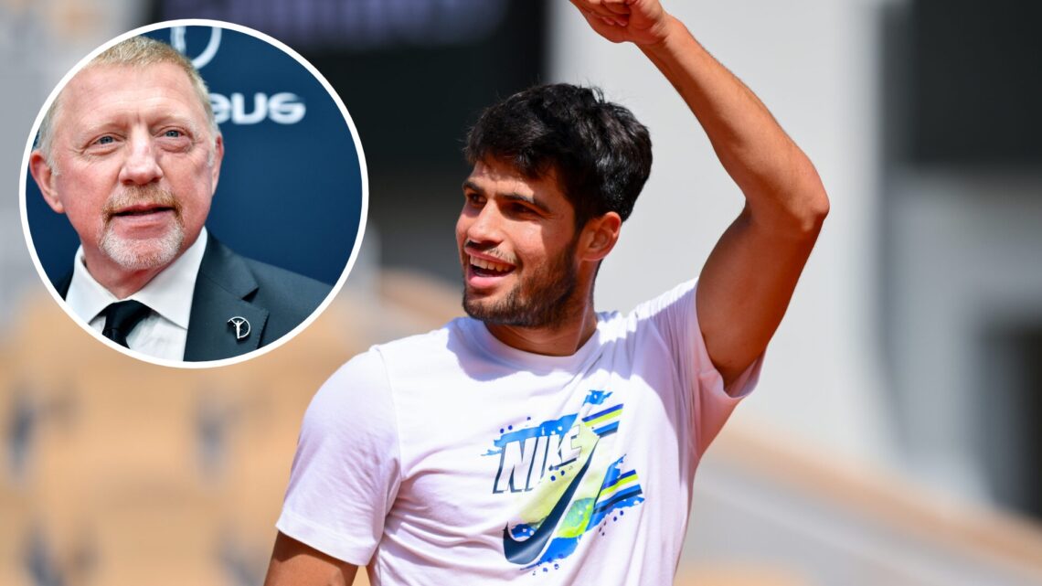 Carlos Alcaraz of Spain reacts while training in preparation for the 2025 French Open Tennis Tournament at Roland Garros, with an inset of German f...
