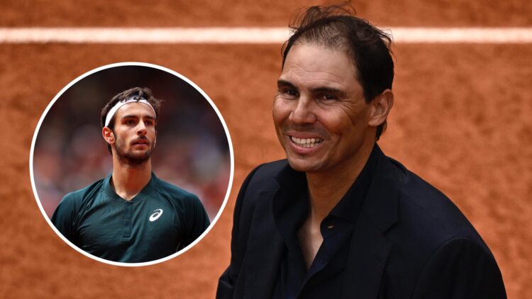 Lorenzo Musetti (L) at Roland Garros, Rafael Nadal (R) at Roland Garros tribute