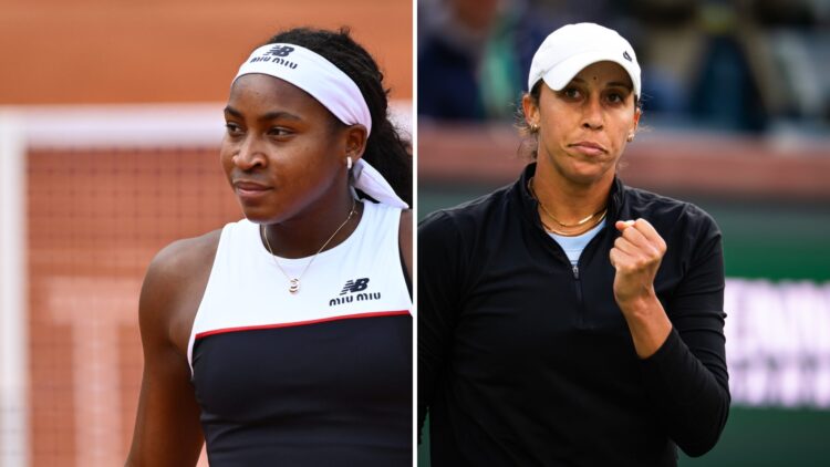Split image of Coco Gauff (L) playing at the 2025 Italian Open and Madison Keys (R) playing at Indian Wells in 2025