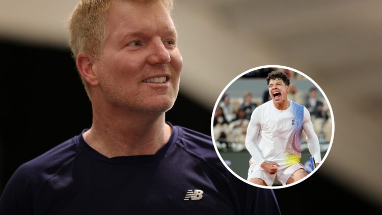 Jim Courier (left) looks on and Ben Shelton (right) in circle overlay celebrates a win