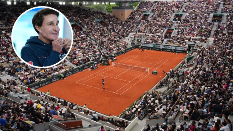 This photograph shows a general view of Court Suzanne-Lenglen as Belgium's Zizou Bergs serves to France's Giovanni Mpetshi Perricard during their m...