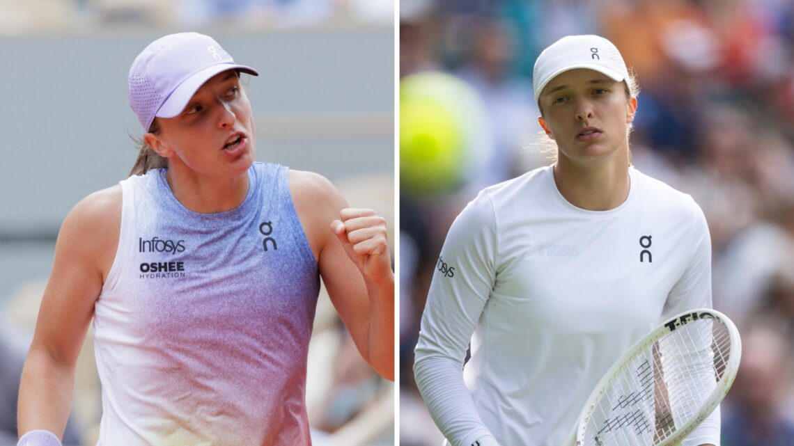 Split image of Iga Swiatek celebrating during her win over Rebecca Sramkova at the 2025 French Open, image of Iga Swiatek reacting during her match...