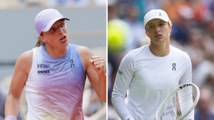 Split image of Iga Swiatek celebrating during her win over Rebecca Sramkova at the 2025 French Open, image of Iga Swiatek reacting during her match...