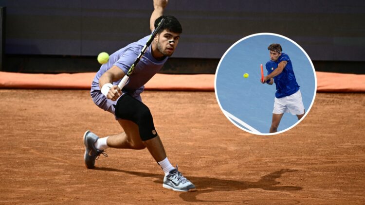 Carlos Alcaraz plays at the 2025 Italian Open, inset Flavio Cobolli plays at the 2025 United Cup