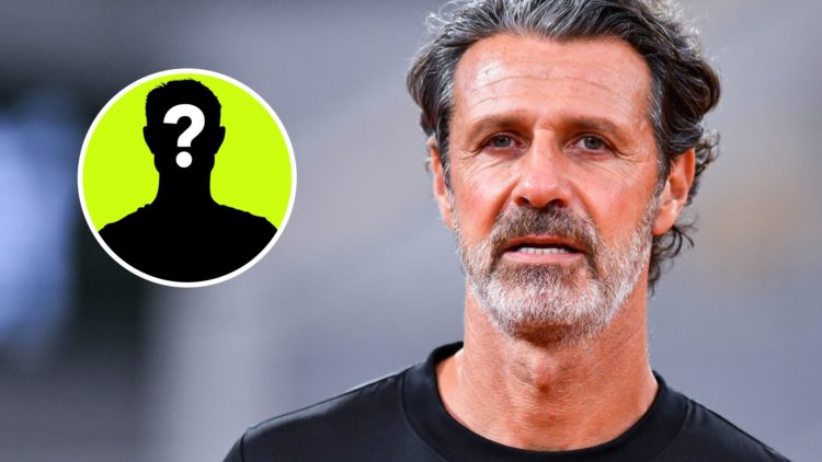 Image of Patrick Mouratoglou looking on during a training session of Holger Rune's at the 2024 French Open, inset of a male mystery player
