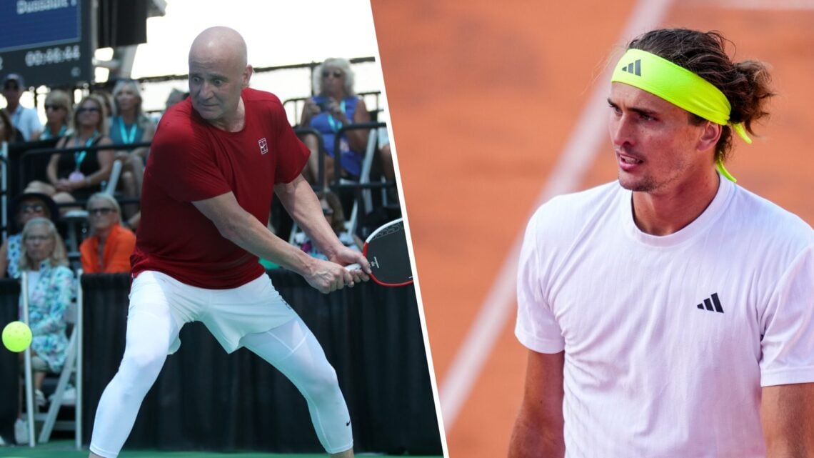 Left: Andre Agassi enjoys a game of Padel and Right: Alexander Zverev in action on clay