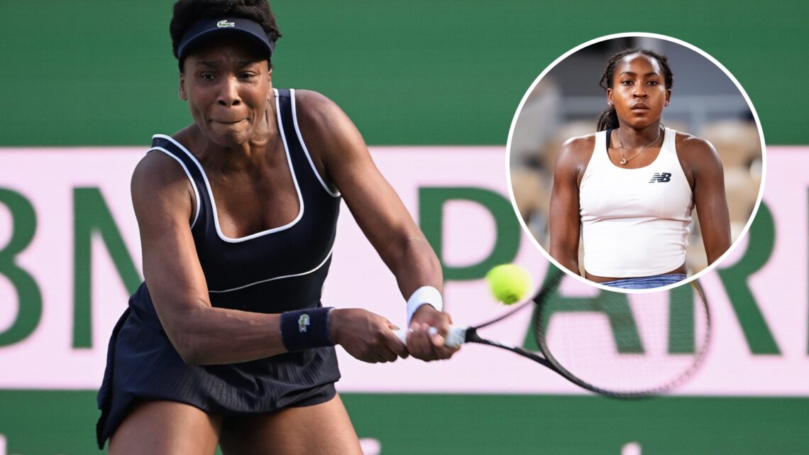 Venus Williams plays at Indian Wells in 2024, inset Coco Gauff practises ahead of the 2025 French Open