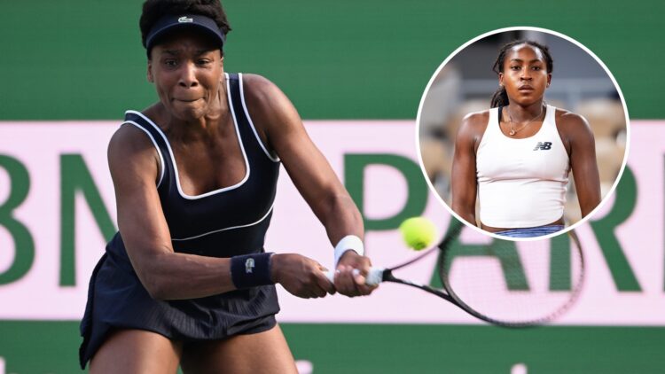 Venus Williams plays at Indian Wells in 2024, inset Coco Gauff practises ahead of the 2025 French Open