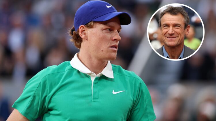 Jannik Sinner of Italy looks on against Arthur Rinderknech of France during the Men's Singles First Round match on Day Two of the 2025 French Open ...