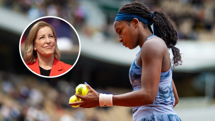 Image of Coco Gauff during her win over Olivia Gadecki at the 2025 French Open, inset of Chris Evert watching on during the 2024 French Open trophy...