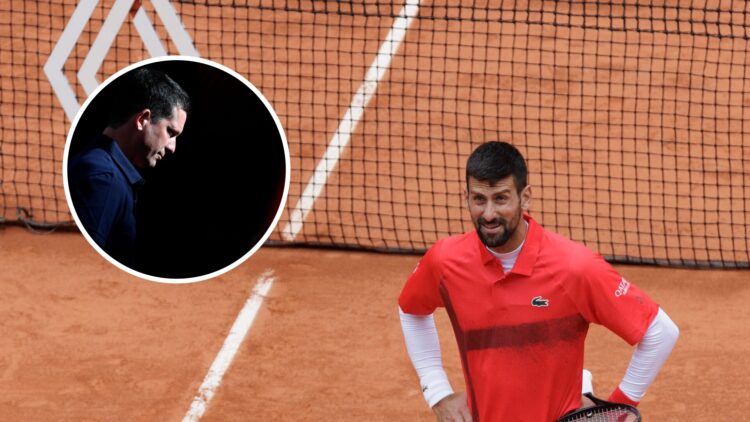 Image of Novak Djokovic reacting during his first round win at the 2025 French Open, inset of Tim Henman looking on during the 2023 United Cup