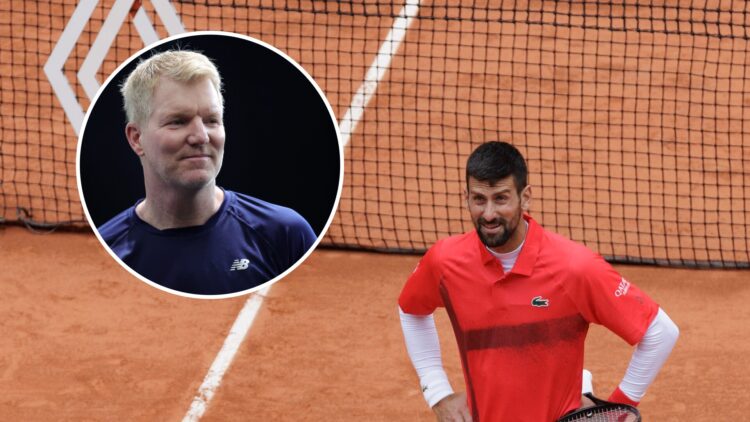 Novak Djokovic looks on during the 2025 French Open, inset Jim Courier looks on during the 2021 Laver Cup
