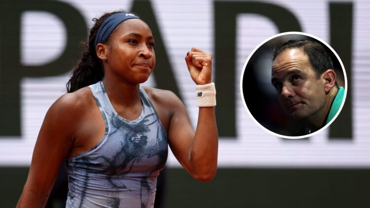 Image of Coco Gauff celebrating winning match point against Olivia Gadecki at the 2025 French Open, inset of Paul Annacone looking on during the 20...