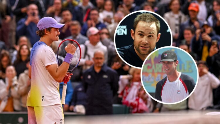 Image of Joao Fonseca celebrating match point against Hubert Hurkacz at the 2025 French Open, inset of Andy Roddick attending a press conference ah...