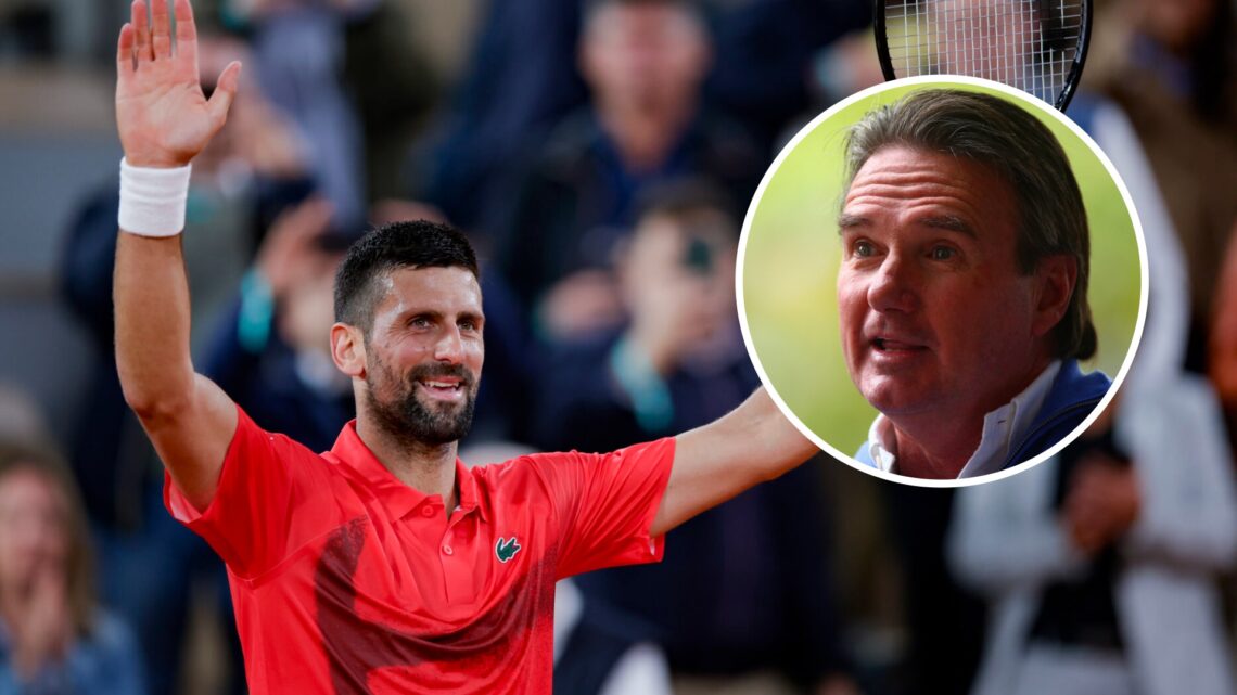 Image of Novak Djokovic celebrating after beating Mackenzie McDonald in the first round of the 2025 French Open, inset of Jimmy Connors answering q...