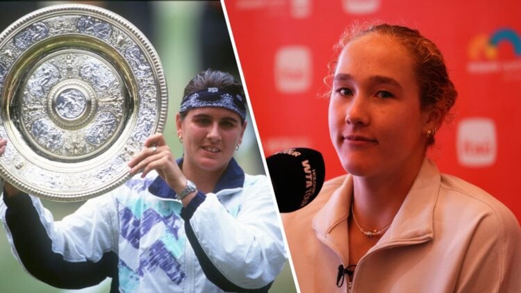 Split image of Conchita Martinez lifting the trophy after winning Wimbledon in 1994, image of Mirra Andreeva answering questions during a 2025 Miam...