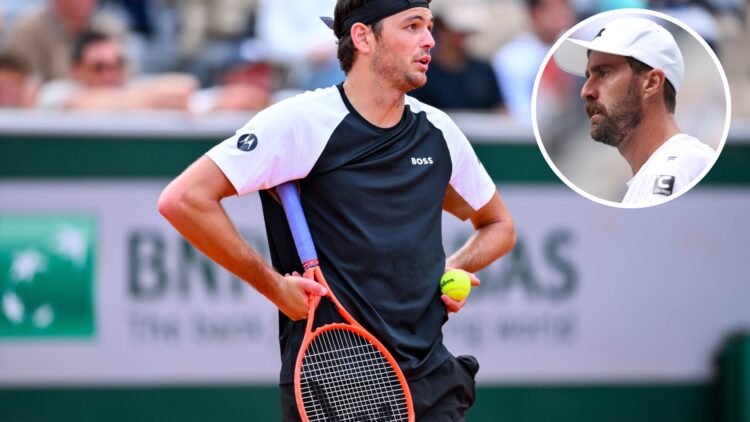 Taylor Fritz of United States reacts during the Men's Singles First Round match on Day Two of the 2025 French Open at Roland Garros, with an inset ...