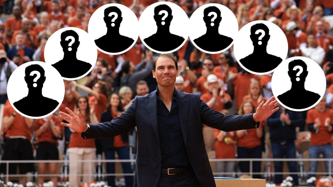 Rafael Nadal greets the crowd as he walks out on Court Philippe-Chatrier for a ceremony held in his honour on Day One of the 2025 French Open at Ro...