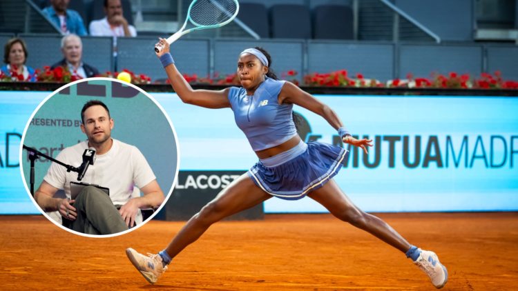 Coco Gauff plays at the 2025 Madrid Open, inset Andy Roddick speaks at the SXSW Conference and Festival