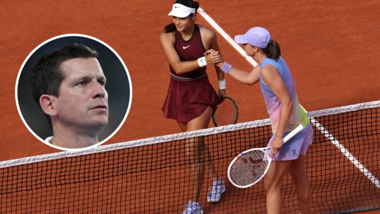 Image of Emma Raducanu and Iga Swiatek embracing at the net after their 2025 French Open match, inset of Tim Henman looking on during the 2020 ATP Cup