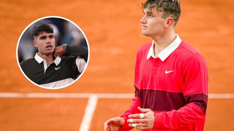 Image of Jack Draper acknowledging the fans after his first-round win at the 2025 French Open, inset of Carlos Alcaraz looking on after his win ove...