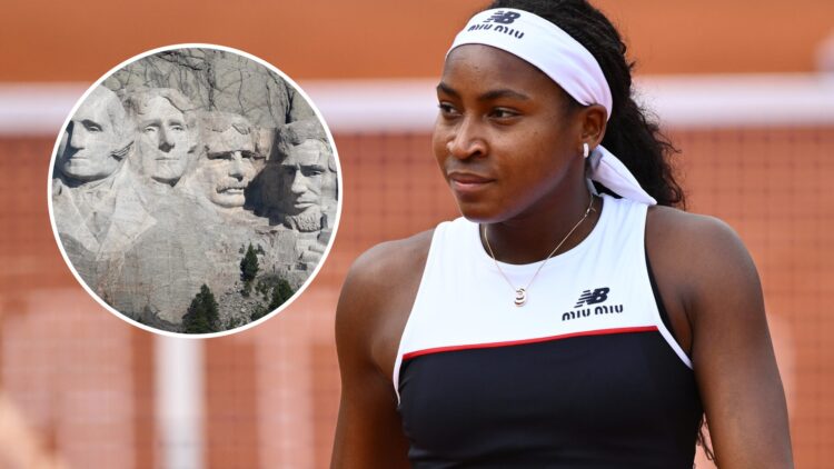 Coco Gauff plays at the 2025 Italian Open, inset Mount Rushmore National Monument in 2020