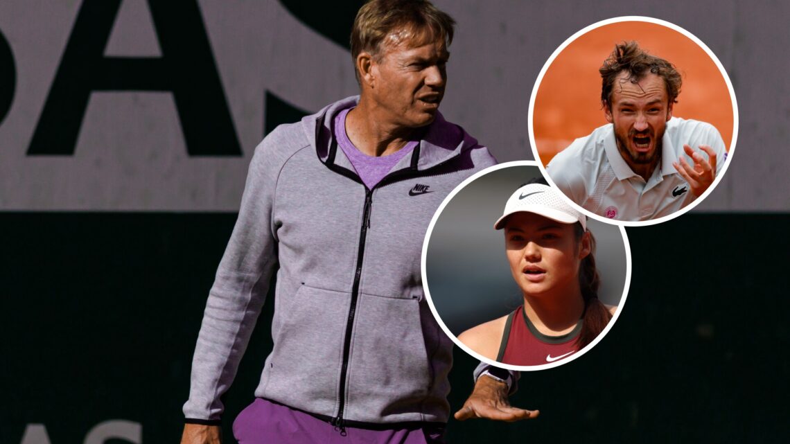 Mark Petchey with insets of Daniil Medvedev and Emma Raducanu