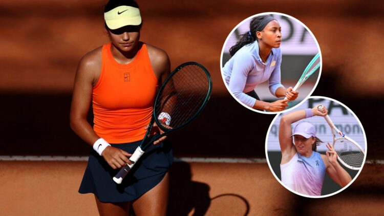 Emma Raducanu plays at the 2025 Italian Open, insets Coco Gauff trains at the 2025 French Open and Iga Swiatek plays at the 2025 French Open