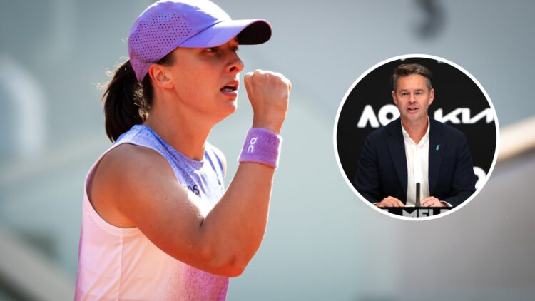 Image of Iga Swiatek celebrating during her win over Emma Raducanu at the 2025 French Open, inset of Todd Woodbridge speaking during the 2023 Austr...