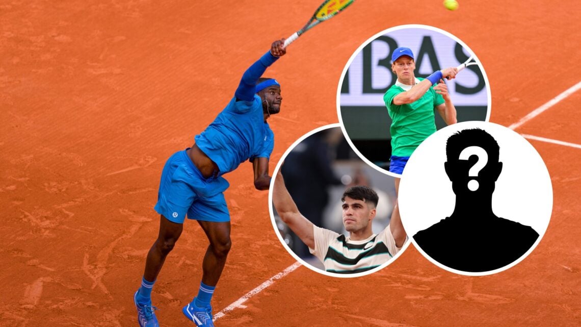 Frances Tiafoe in action with insets of Carlos Alcaraz and Jannik Sinner