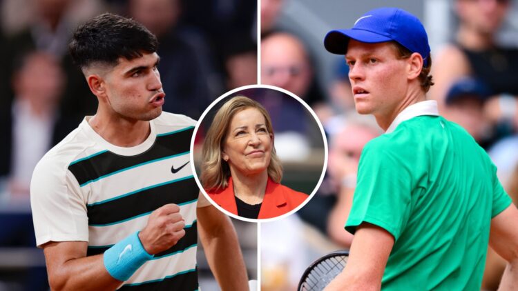 Carlos Alcaraz (L) at the French Open, Jannik Sinner (R) at the French Open, Chris Evert (M) at the French Open