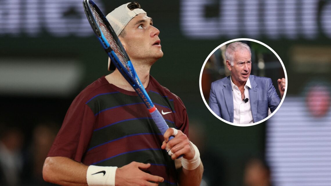 Jack Draper during match with Gael Monfils and inset: John McEnroe